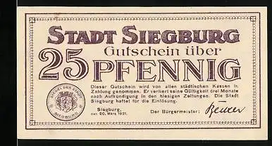 Notgeld Siegburg 1921, 25 Pfennig, Johannistürmchen, Stadtsiegel