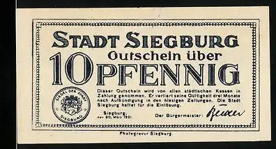 Notgeld Siegburg 1921, 10 Pfennig, Stadtwappen, Stadtsiegel