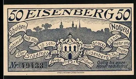 Notgeld Eisenberg 1921, 50 Pfennig, Stadtsilhouette mit Wappen