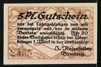 Notgeld Bamberg, 5 Pfennig, J. Rosenfelder, Domkirche