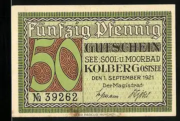 Notgeld Kolberg /Ostsee 1921, 50 Pfennig, Portrait von Waldenfels