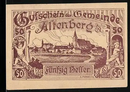 Notgeld Altenberg 1920, 50 Heller, Ortspartie mit Kirche