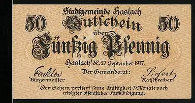 Notgeld Haslach 1917, 50 Pfennig, Stadtwappen