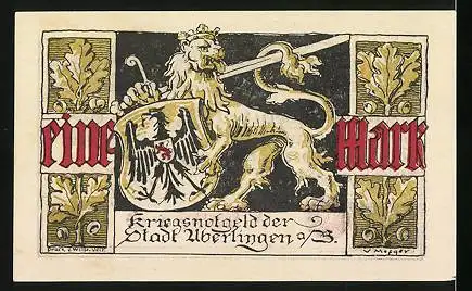 Notgeld Überlingen 1918, 1 Mark, Löwe mit Wappen
