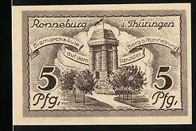 Notgeld Ronneburg i. Thüringen 1921, 5 Pfennig, Bismarcksäule auf dem Reuster-Berg