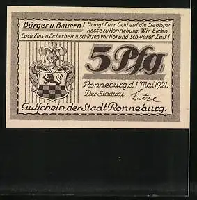 Notgeld Ronneburg i. Thüringen 1921, 5 Pfennig, Bismarcksäule auf dem Reuster-Berg