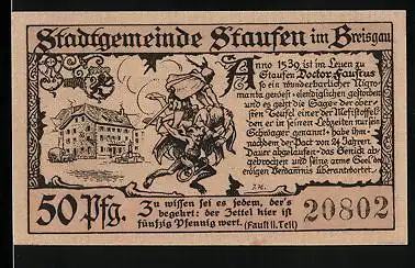 Notgeld Staufen im Breisgau 1920, 50 Pfennig, Dr. Faustus und der Teufel
