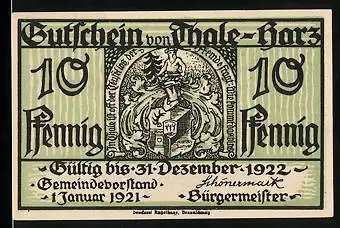 Notgeld Thale /Harz 1921, 10 Pfennig, Stadtwappen