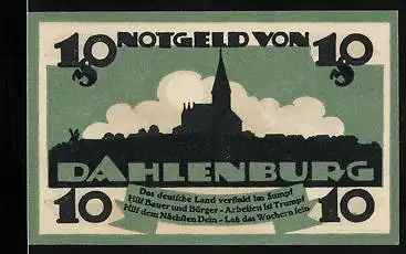 Notgeld Dahlenburg 1920, 10 Pfennig, Stadtsilhouette mit Kirche