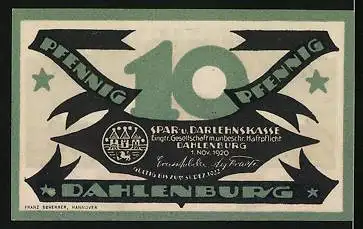 Notgeld Dahlenburg 1920, 10 Pfennig, Stadtsilhouette mit Kirche