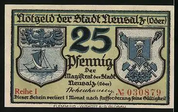 Notgeld Neusalz /Oder, 25 Pfennig, Hafeneinfahrt, Wappen