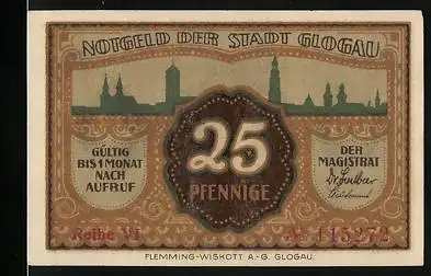 Notgeld Glogau, 25 Pfennig, Stadtsilhouette, Wappen