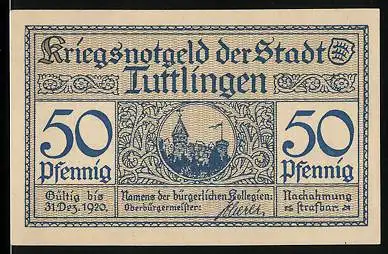 Notgeld Tuttlingen 1920, 50 Pfennig, Burg, Rathaus
