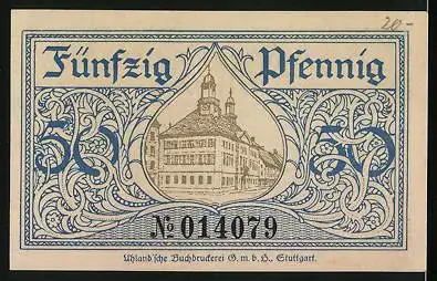 Notgeld Tuttlingen 1920, 50 Pfennig, Burg, Rathaus