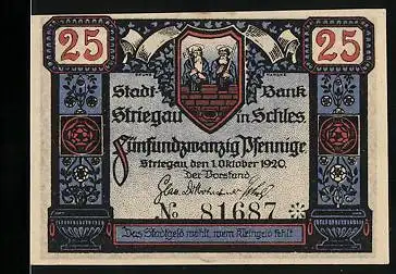 Notgeld Striegau in Schles. 1920, 25 Pfennig, Stadtwappen