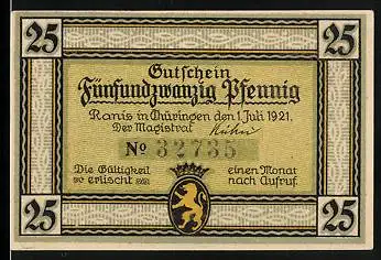 Notgeld Ranis in Thüringen 1921, 25 Pfennig, Burg Ranis, Wappen