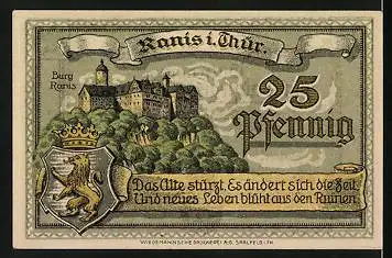 Notgeld Ranis in Thüringen 1921, 25 Pfennig, Burg Ranis, Wappen