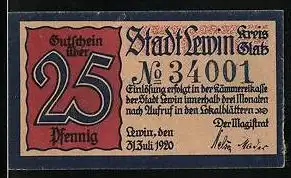 Notgeld Lewin /Kreis Glatz 1920, 25 Pfennig, Stadtwappen