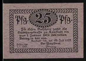 Notgeld Konstadt 1920, 25 Pfennig, Rückseitig Gemeindestempel