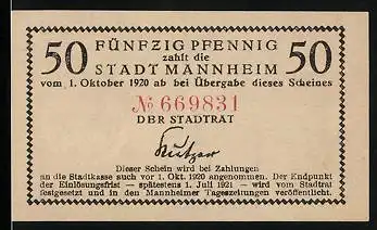 Notgeld Mannheim 1920, 50 Pfennig, Gutschein