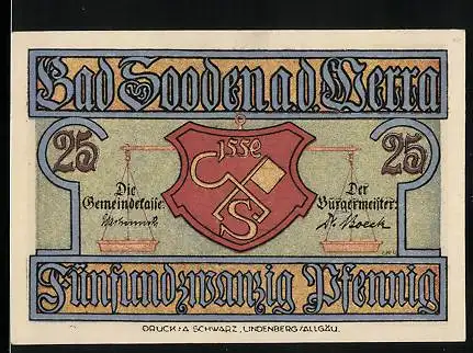 Notgeld Bad Sooden a. d. Werra, 25 Pfennig, Waage Gemeindekasse und Bürgermeister, Wappen