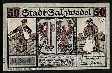 Notgeld Salzwedel 1921, 50 Pfennig, Bauern bei der Arbeit