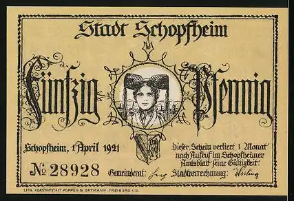 Notgeld Schopfheim 1921, 50 Pfennig, Hans und Verene