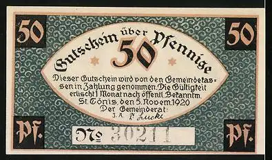 Notgeld St. Tönis 1920, 50 Pfennig, Mann am Webstuhl