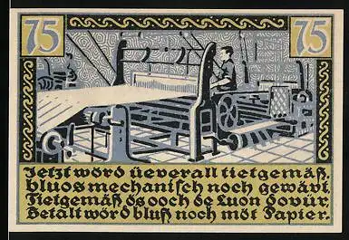 Notgeld St. Tönis 1920, 75 Pfennig, Mann am Webstuhl