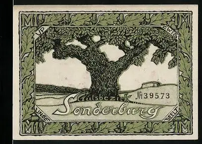 Notgeld Süderholz 1919, 1 Mark, Sonderburg, Ortspartie mit Baum