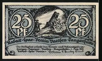 Notgeld Vaethen-Tangerhütte 1921, 25 Pfennig, Verwaltungsgebäude des Krupp`schen Schiessplatzes Tangerhütte