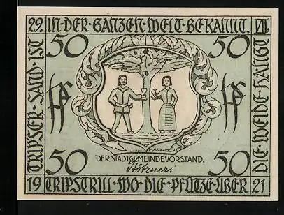 Notgeld Triptis 1921, 50 Pfennig, Pärchen mit Weinglas am Baum