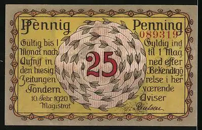 Notgeld Tondern 1920, 25 Pfennig, Plebiscit Slesvig, Guldhornet