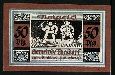 Notgeld Thesdorf, 50 Pfennig, Bauern dreschen das Getreide