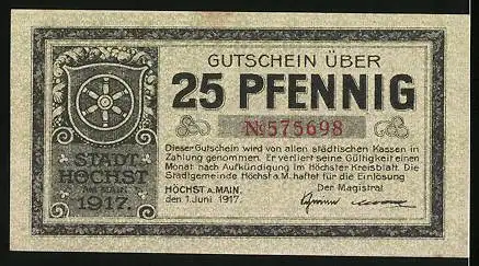 Notgeld Höchst am Main 1917, 25 Pfennig, Wappen mit Rad