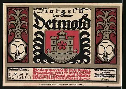 Notgeld Detmold 1920, 50 Pfennig, Denkmal, Wappen