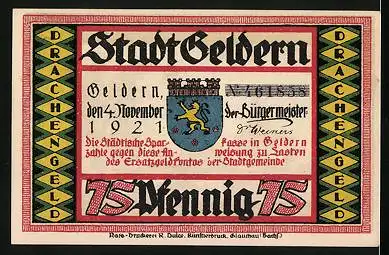 Notgeld Geldern 1921, 75 Pfennig, Der Drache krümmt sich