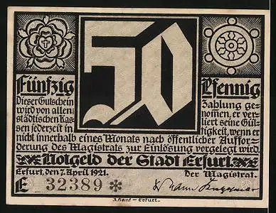 Notgeld Erfurt 1921, 50 Pfennig, Martin Luther mit erhobenen Händen