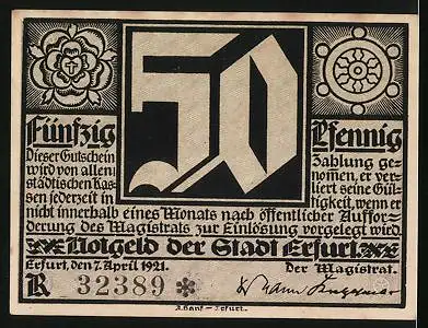 Notgeld Erfurt 1921, 50 Pfennig, Martin Luther, Wappen