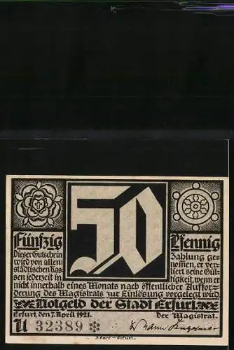 Notgeld Erfurt 1921, 50 Pfennig, Martin Luther im Gespräch, Wappen