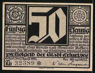 Notgeld Erfurt 1921, 50 Pfennig, Martin Luther, Wappen