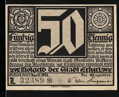 Notgeld Erfurt 1921, 50 Pfennig, Martin Luther mit Stadtbewohnern, Wappen