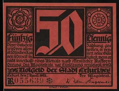 Notgeld Erfurt 1921, 50 Pfennig, Martin Luther, Wappen