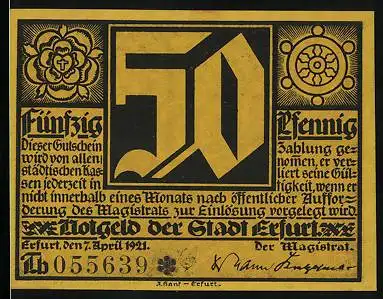 Notgeld Erfurt 1921, 50 Pfennig, Martin Luther, Wappen