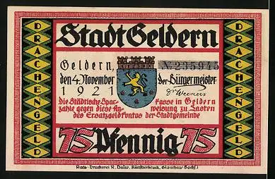 Notgeld Geldern 1921, 75 Pfennig, Soldaten schleifen ihre Waffen