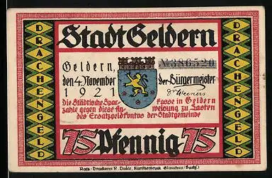 Notgeld Geldern 1921, 75 Pfennig, Bürger attackieren den Drachen, Wappen