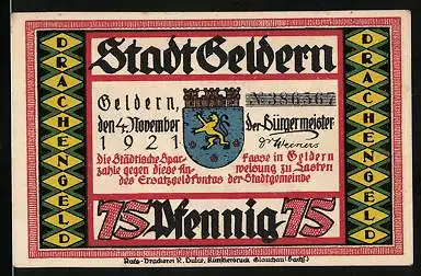 Notgeld Geldern 1921, 75 Pfennig, Bürger attackieren den Drachen, Wappen