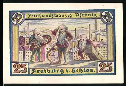 Notgeld Freiburg i. Schles. 1921, 25 Pfennig, Zwerge mit Uhren