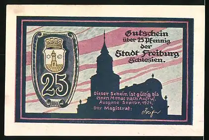 Notgeld Freiburg i. Schles. 1921, 25 Pfennig, Zwerge mit Uhren