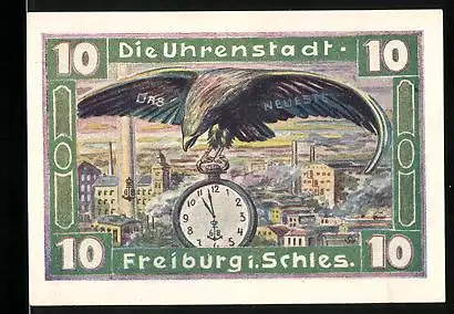 Notgeld Freiburg i. Schlesien 1921, 10 Pfennig, Adler mit Taschenuhr